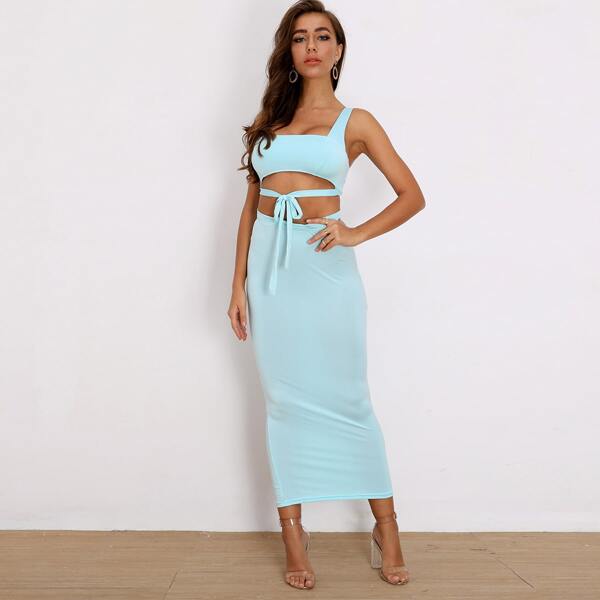

Tie Front Crop Top & Pencil Skirt Set, Blue pastel