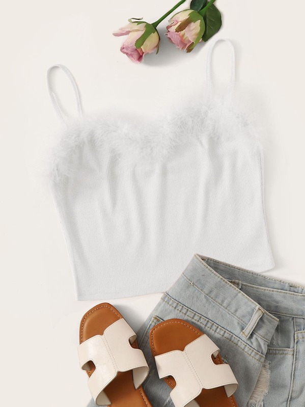 

Faux Fur Detail Rib-knit Cami Top, White