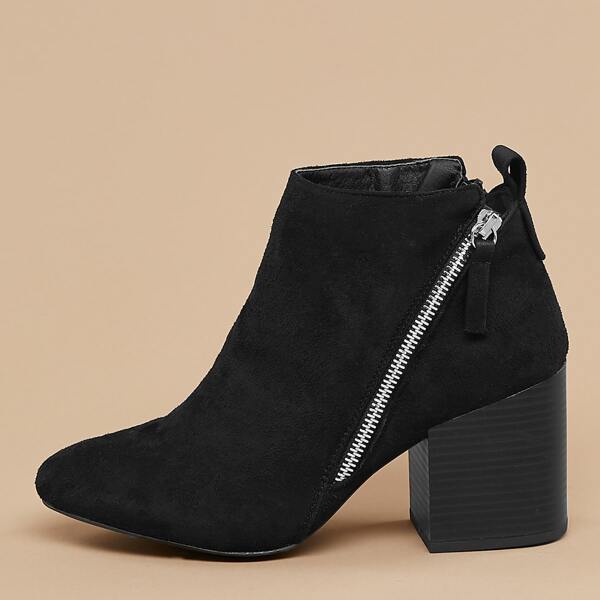 

Almond Toe Side Zipper Stacked Heel Booties, Black