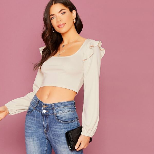 

Square Neck Ruffle Detail Long Sleeve Ribbed Top, Beige