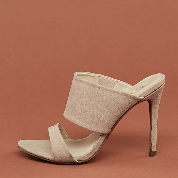 

Twin Band Stiletto Heel Mule Sandals, Nude