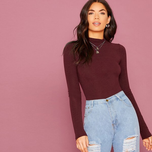 

Mock Neck Long Sleeve Knit T-Shirt, Burgundy