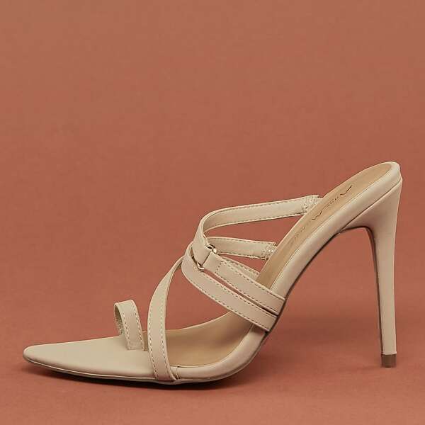 

Pointy Sole Toe Ring Multi Strap Stiletto Heels, Nude