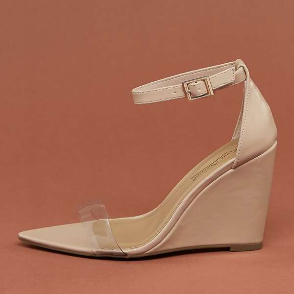 

PVC Open Toe Band Buckled Ankle Wedges, Beige