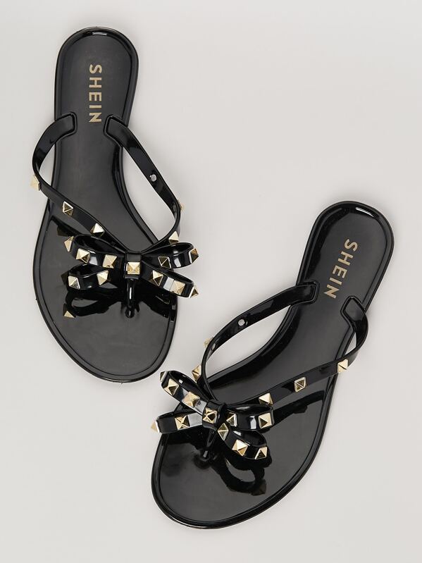 

Studded Bow Tie Jelly Thong Sandals, Black