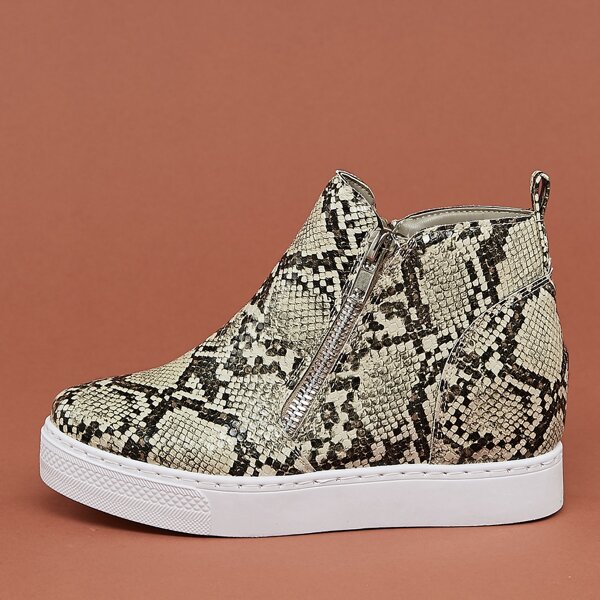

Side Zipper Snakeskin Wedge Sneakers, Multicolor