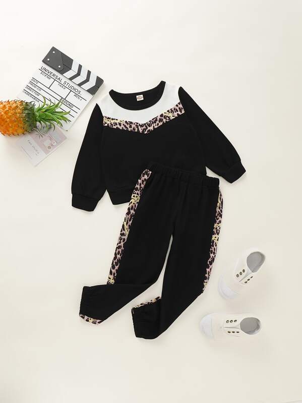 

Toddler Girls Contrast Panel Leopard Print Sweatshirt With Sweatpants, Black