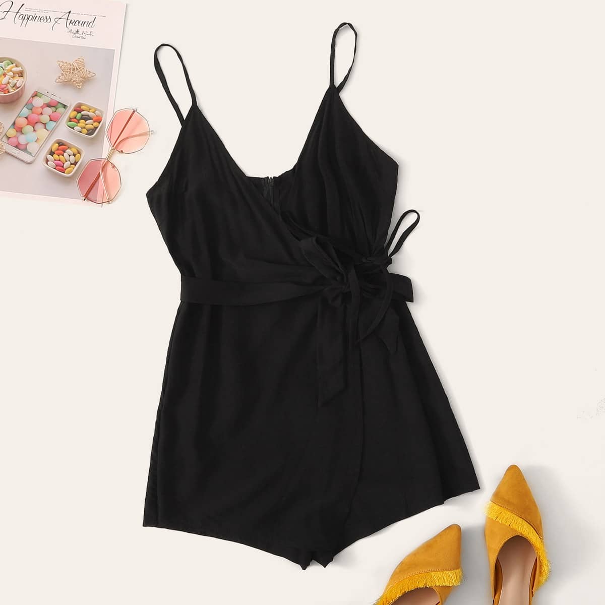

Solid Belted Wrap Cami Romper, Black