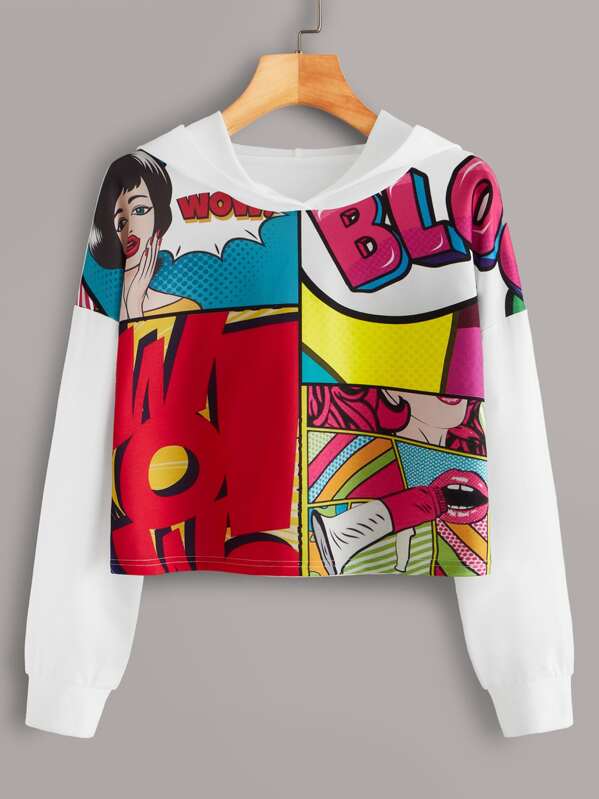 

Comic Print Drop Shoulder Hooded Sweatshirt, Multicolor, Nikola
