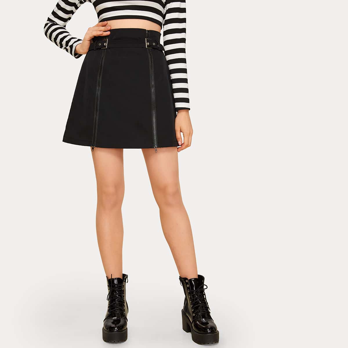 

Solid Zip Through Buckle Skirt, Black