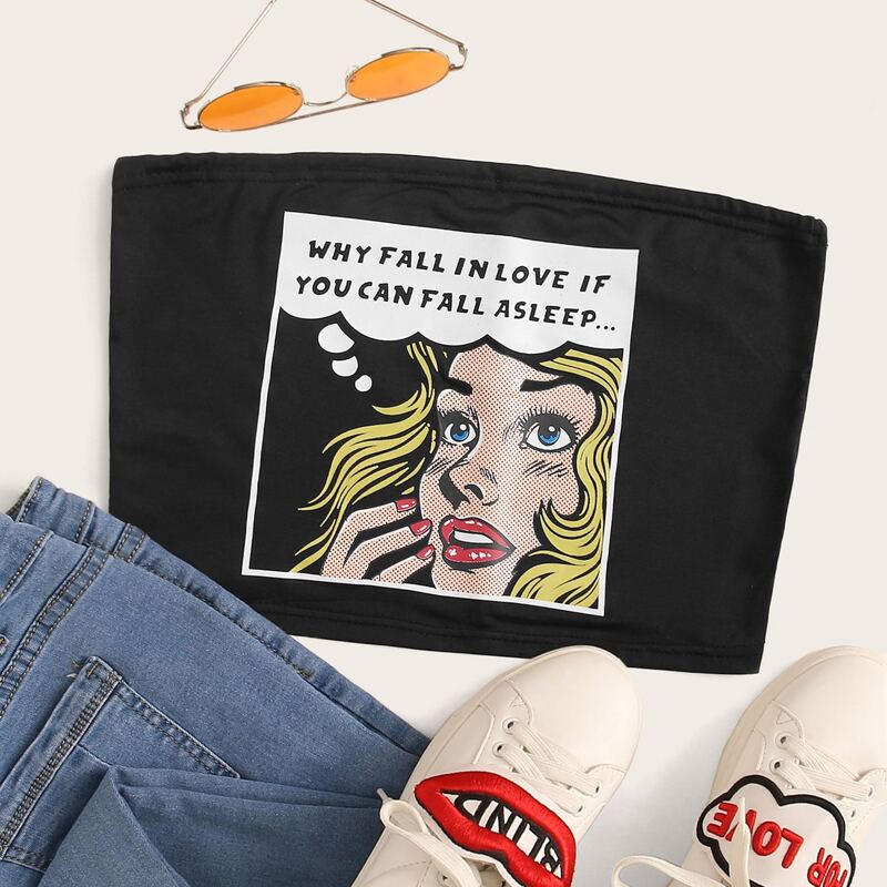 

Figure & Slogan Graphic Tube Top, Black