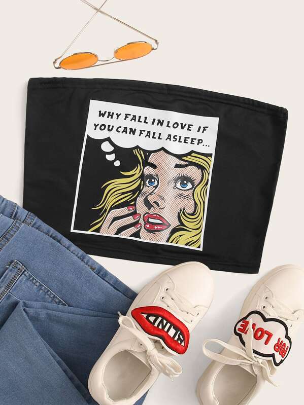 

Figure & Slogan Graphic Tube Top, Black
