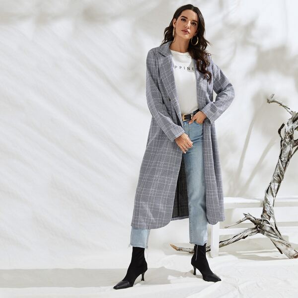 

Double Breasted Lapel Collar Plaid Coat, Grey