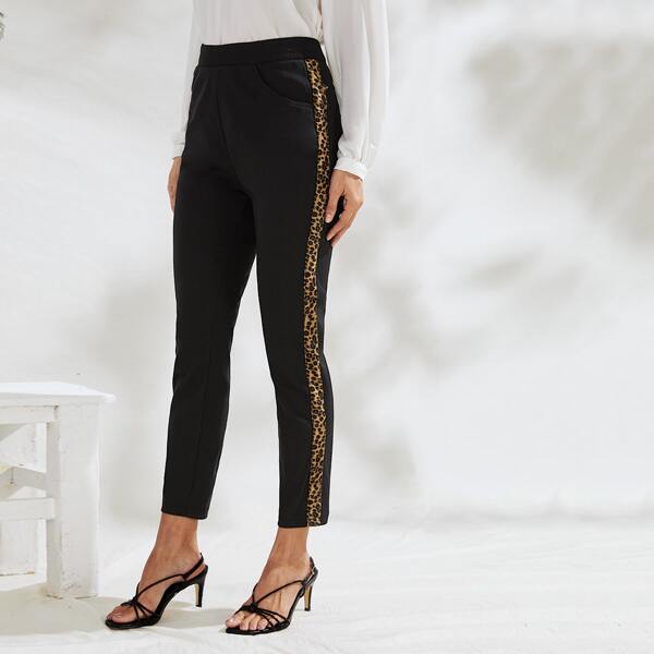 

Elastic Waist Slant Pocket Leopard Graphic Pants, Black