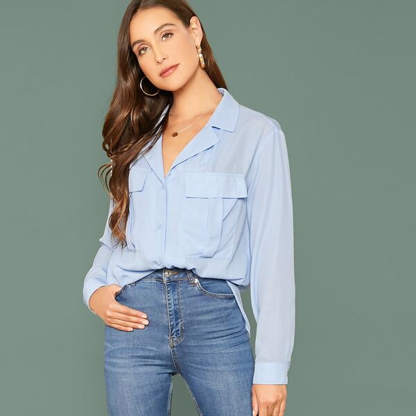 

Notched Collar Flap Pocket Front Shirt, Blue pastel