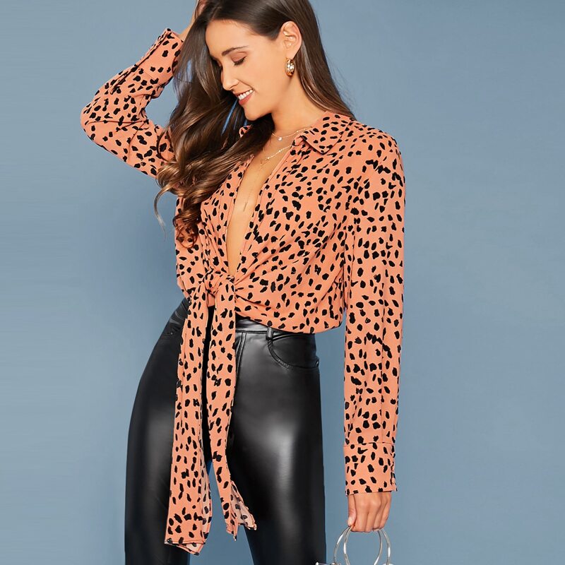 

Plunging Neck Tie Front Leopard Print Bodysuit, Orange
