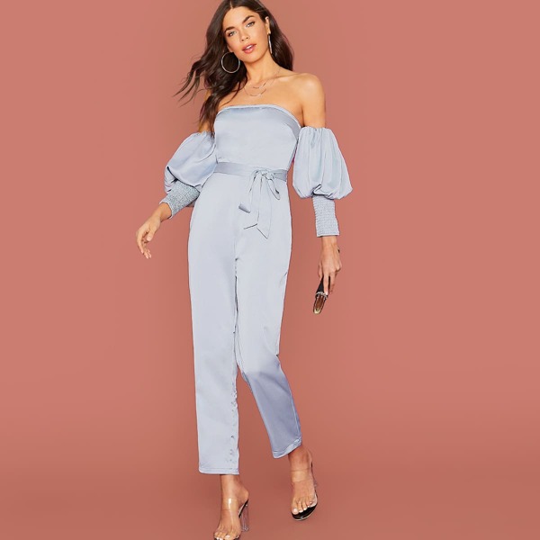 

Shirred Cuff Gigot Sleeve Belted Bardot Satin Jumpsuit, Blue pastel
