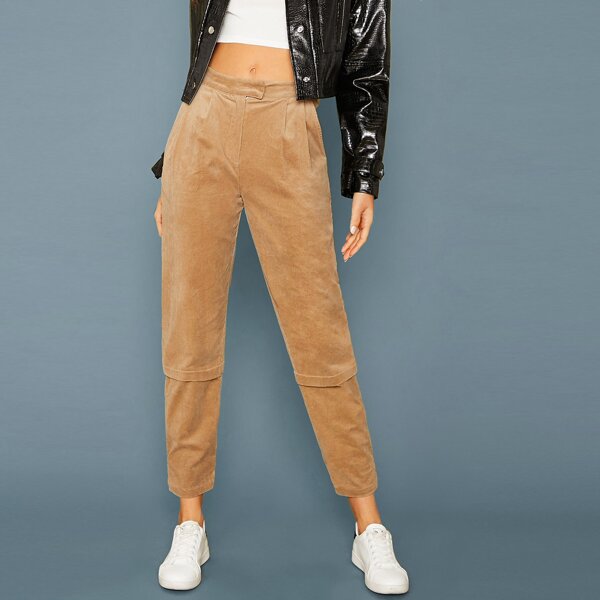 

D-ring Strap Detail Pleated Front Cord Pants, Camel pastel