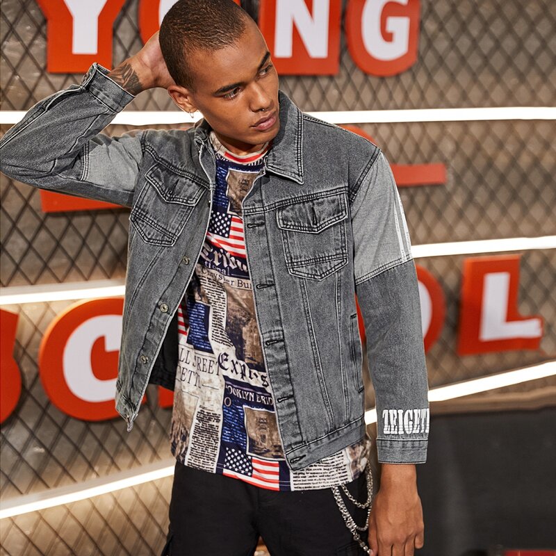 

Guys Letter Graphic Denim Trucker Jacket, Grey