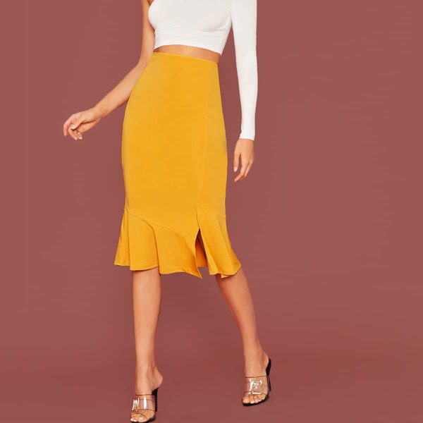 

Split Ruffle Hem Bodycon Skirt, Yellow bright