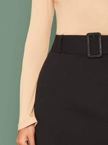 SHEIN Privé Buckle Belted Solid Skirt - Black - View 4