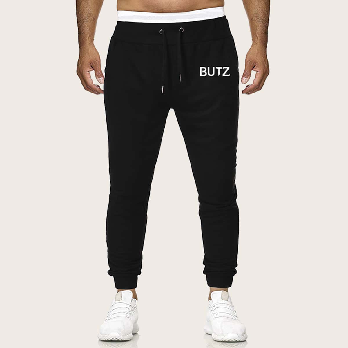 

Guys Letter Graphic Drawstring Sweatpants, Black