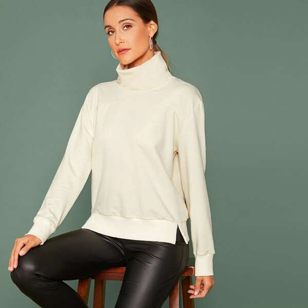 

Funnel Neck Split Side Pullover, Beige pastel