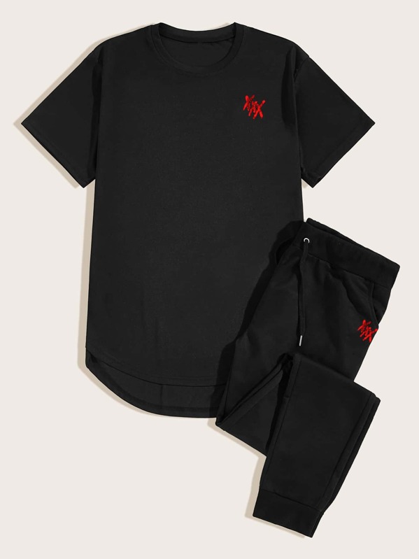 

Men Graphic High Low Tee & Drawstring Sweatpants, Black