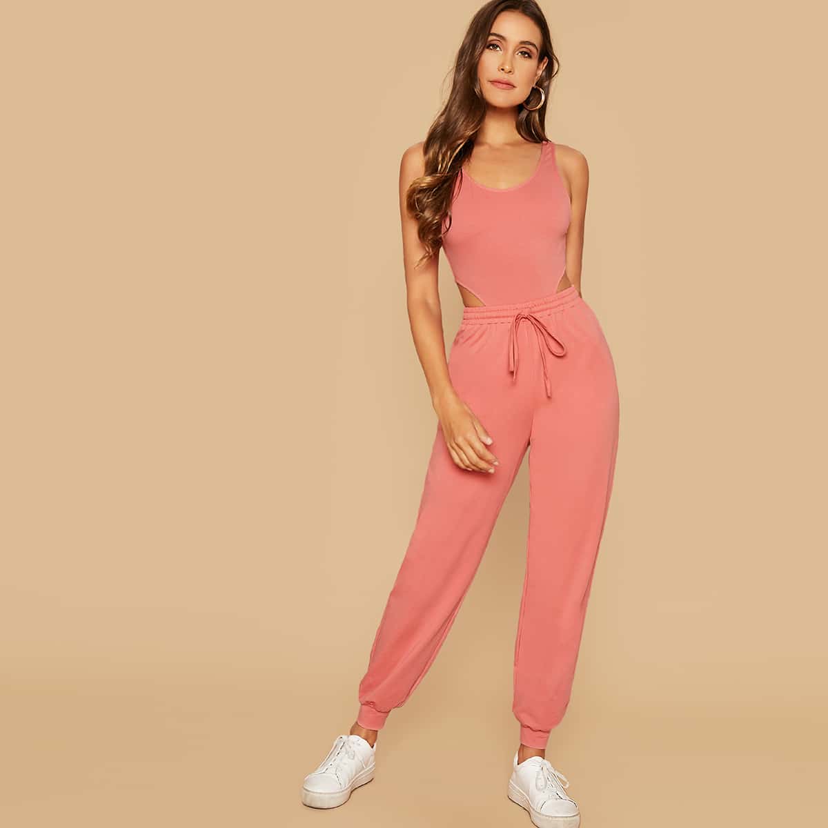 

High Cut Solid Bodysuit & Sweatpants Set, Pink