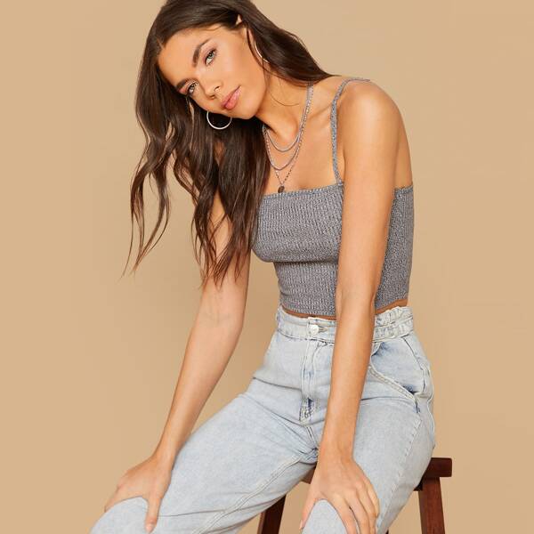 

Ribbed Heathered Knit Cropped Cami Top, Grey