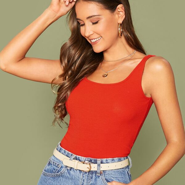 

Solid Rib-knit Tank Top, Red bright