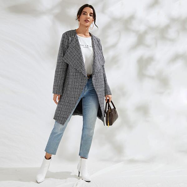 

Waterfall Collar Open Front Tweed Belted Coat, Grey