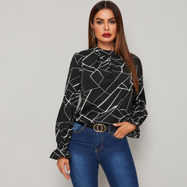 Geometric Print Mock Neck Blouse, Black and white