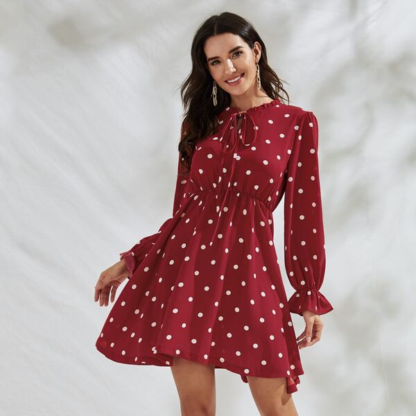

Polka Dot Print Frill Trim Tie Neck Dress, Red