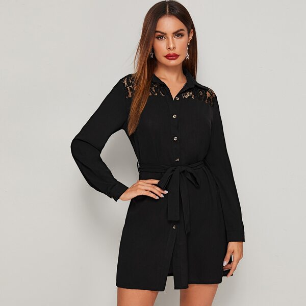 

Contrast Lace Belted Shirt Dress, Black