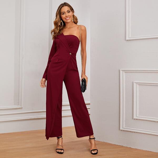 

One Shoulder Single Button Wide Leg Jumpsuits