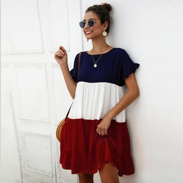 

Color-Block Ruffle Trim Babydoll Dress, Multicolor