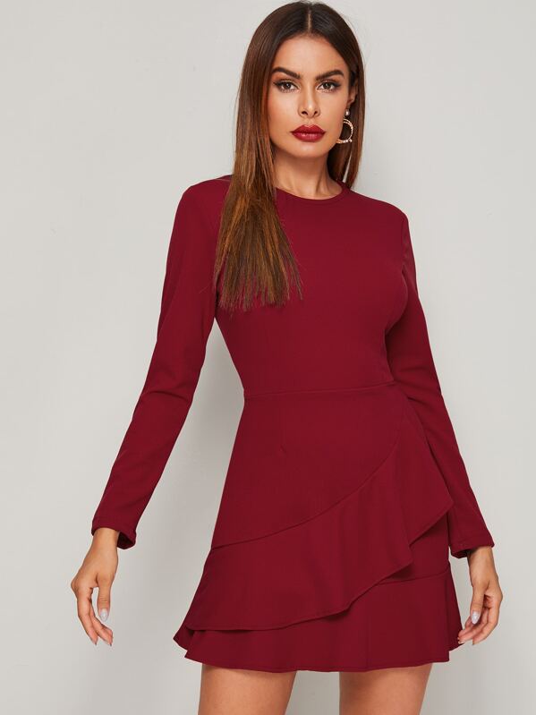 

Solid Ruffle Hem A-line Dress, Burgundy, Andy