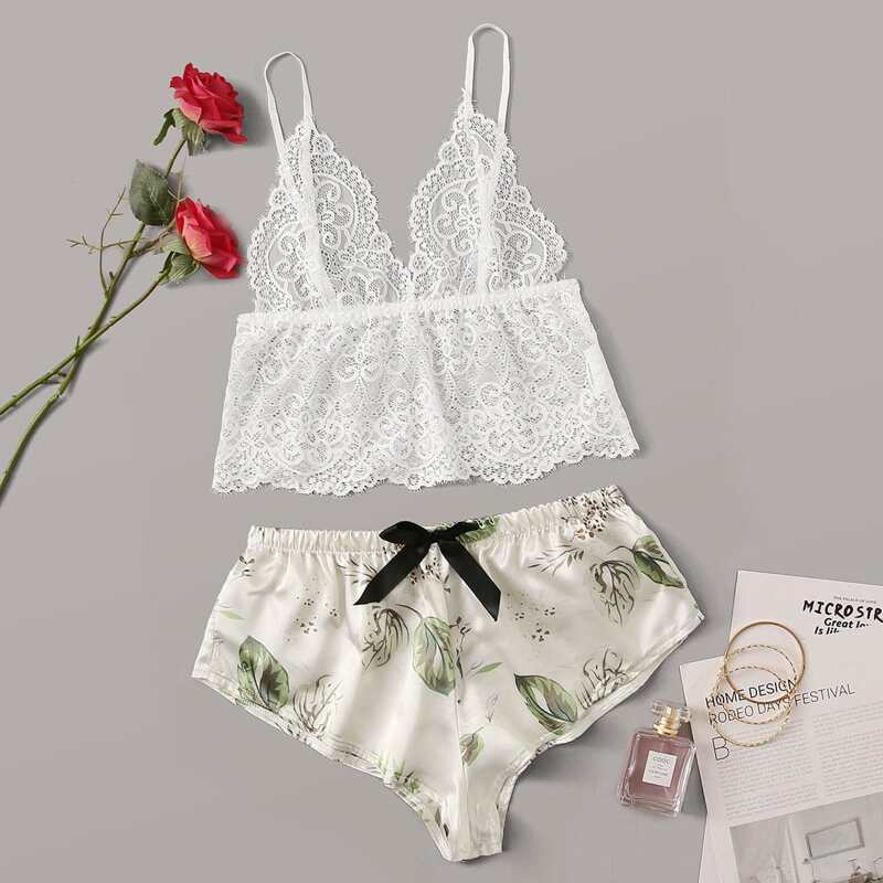 

Floral Lace Sheer Bralette With Satin Shorts, Multicolor