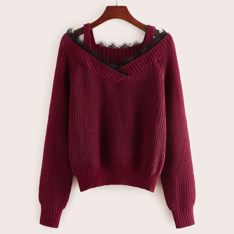 

Contrast Lace Cold Shoulder Sweater, Burgundy