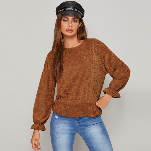 

Solid Ruffle Cuff Drop Shoulder Sweater, Brown