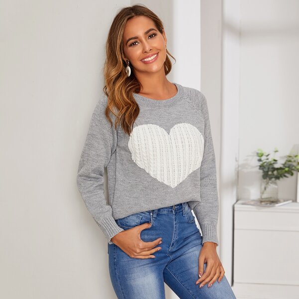 

Heart Cable Knit Raglan Sleeve Sweater, Grey