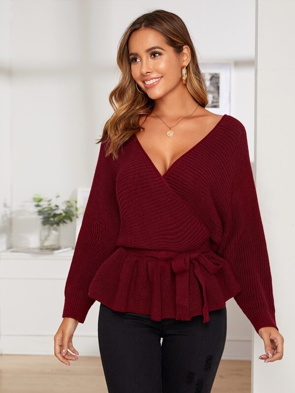 

Dolman Sleeve Two Side Wrap Peplum Sweater, Burgundy, Giulia