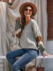 Suéter de color combinado de hombros caídos - Gris - Ver 4