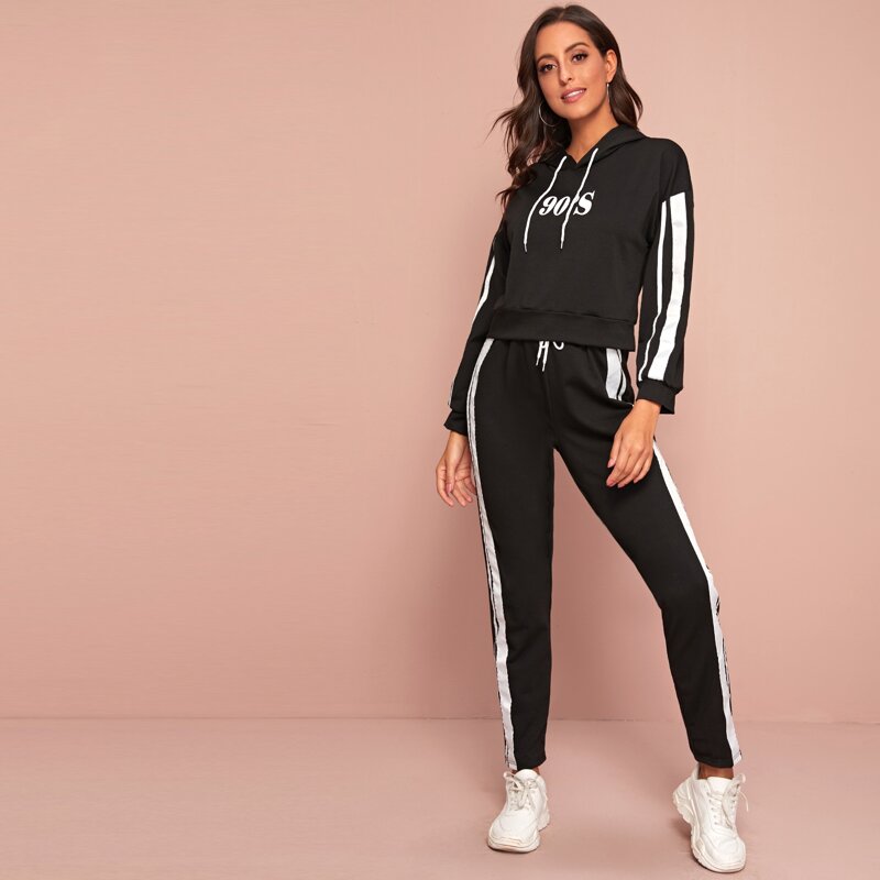 

Letter Graphic Contrast Panel Drawstring Hoodie & Sweatpants, Black
