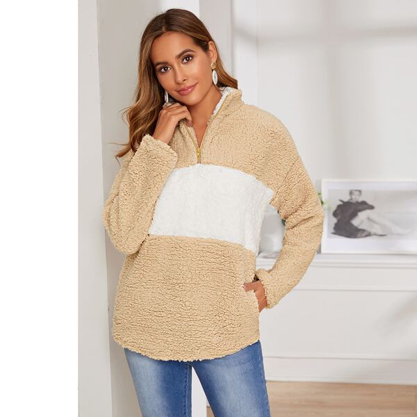 

Colorblock Zip Drop Shoulder Teddy Sweatshirt, Beige pastel