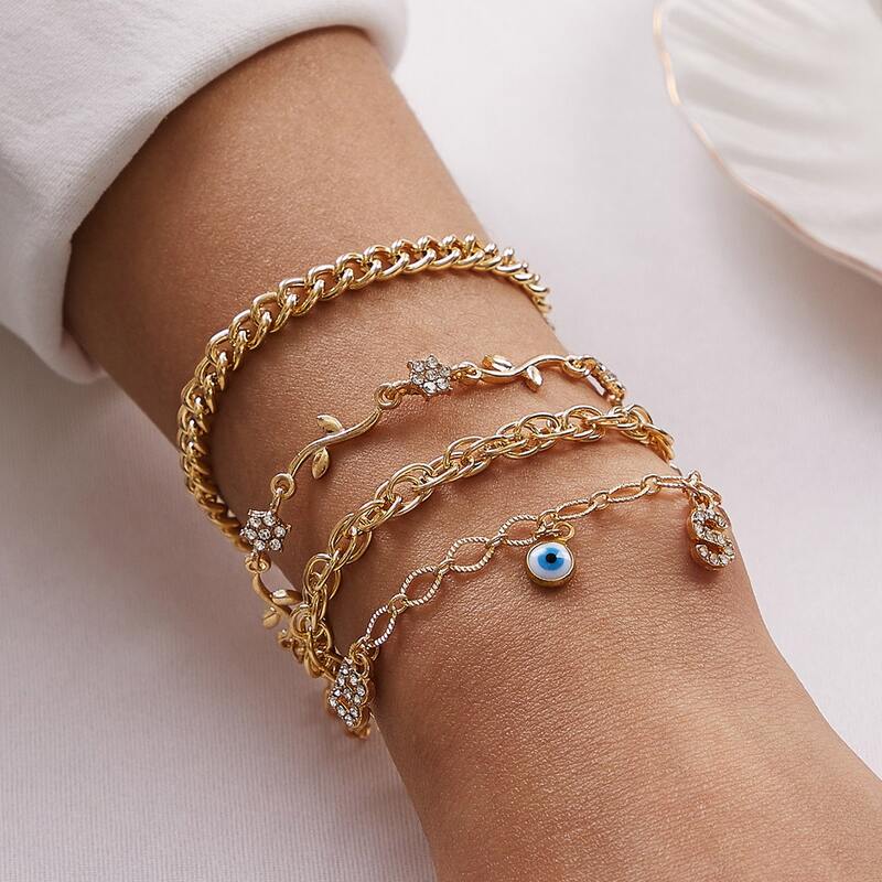 

4pcs Eye & Rhinestone Engraved Letter Chain Bracelet, Gold