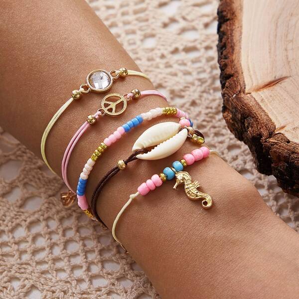 

5pcs Seahorse & Shell Decor Bracelet, Multicolor
