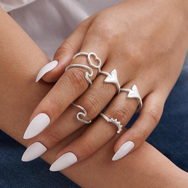 

6pcs Heart & Geometric Decor Ring, Silver