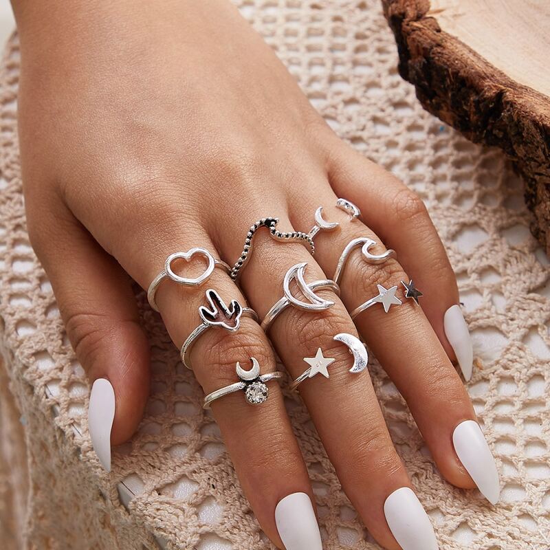 

9pcs Moon & Star Decor Ring, Silver